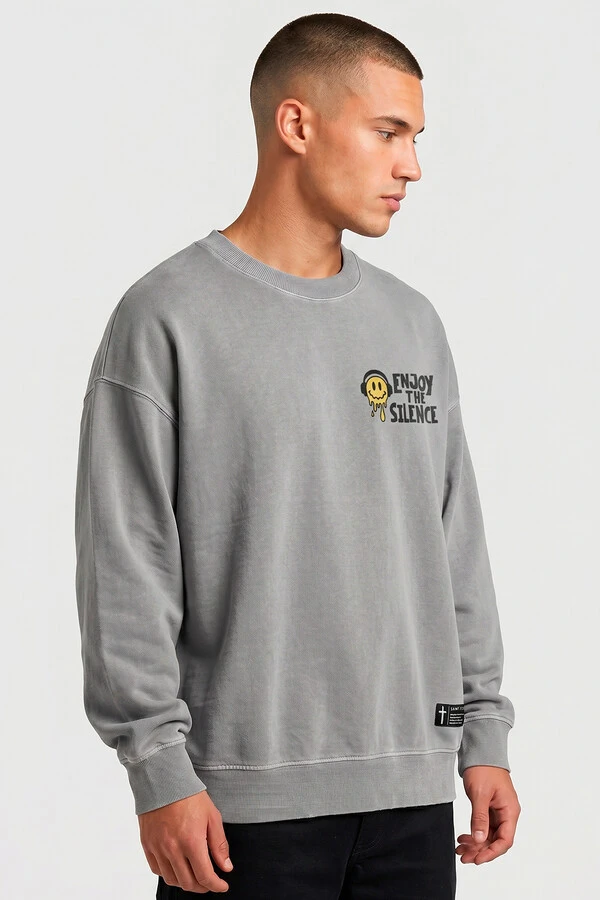 Blusa oversized de moletom estonado cinza Enjoy The Silence Front