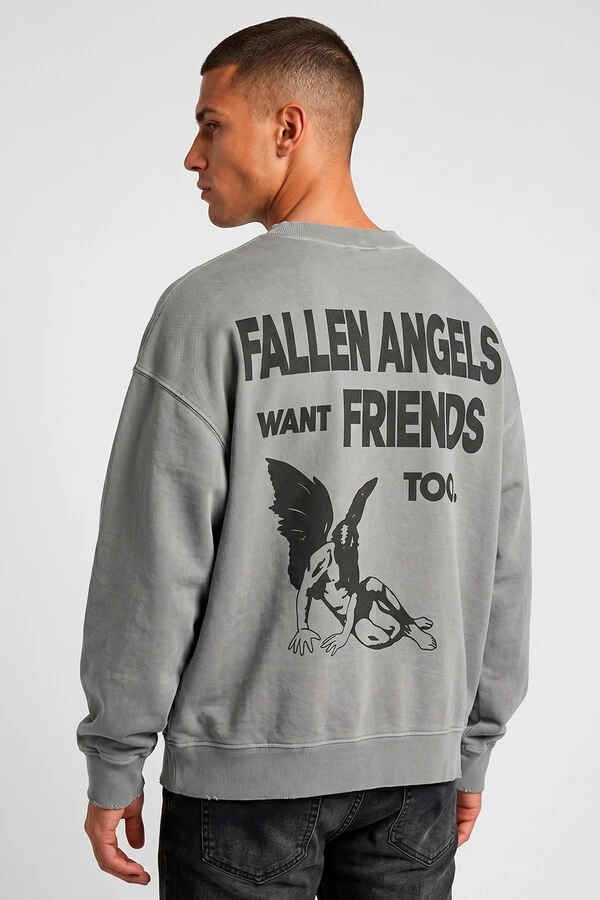 Blusa oversized de moletom estonado cinza Fallen Angels