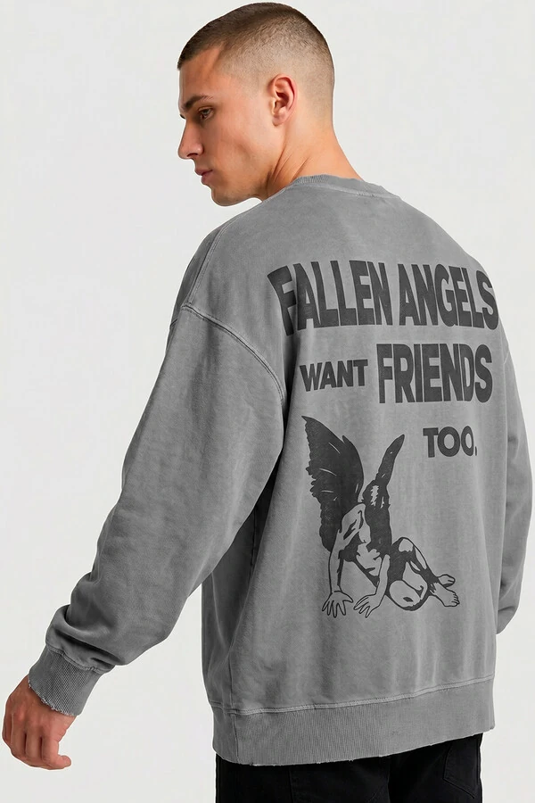 Blusa oversized de moletom estonado cinza Fallen Angels