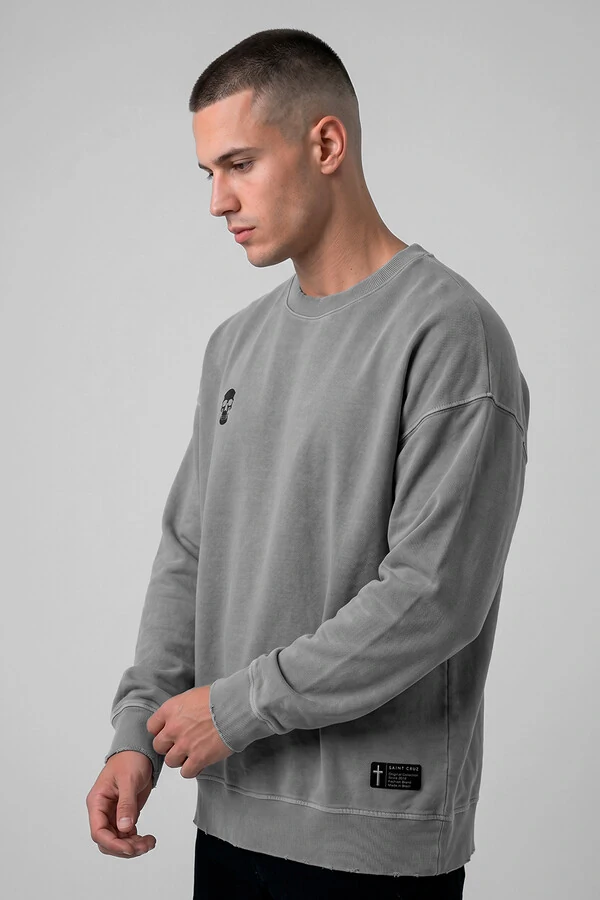 Blusa oversized de moletom estonado cinza Skull