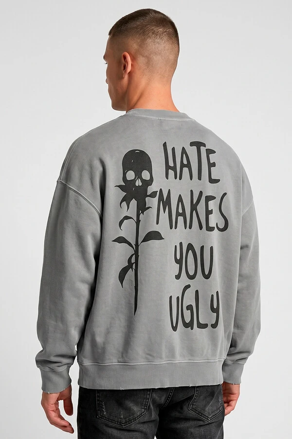 Blusa oversized de moletom estonado cinza Hate