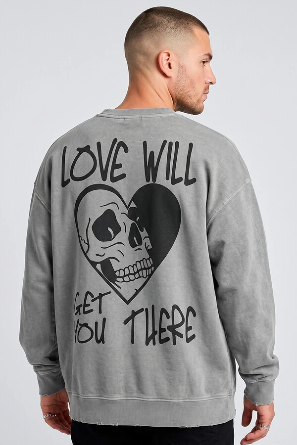 Blusa oversized de moletom estonado cinza Love Will