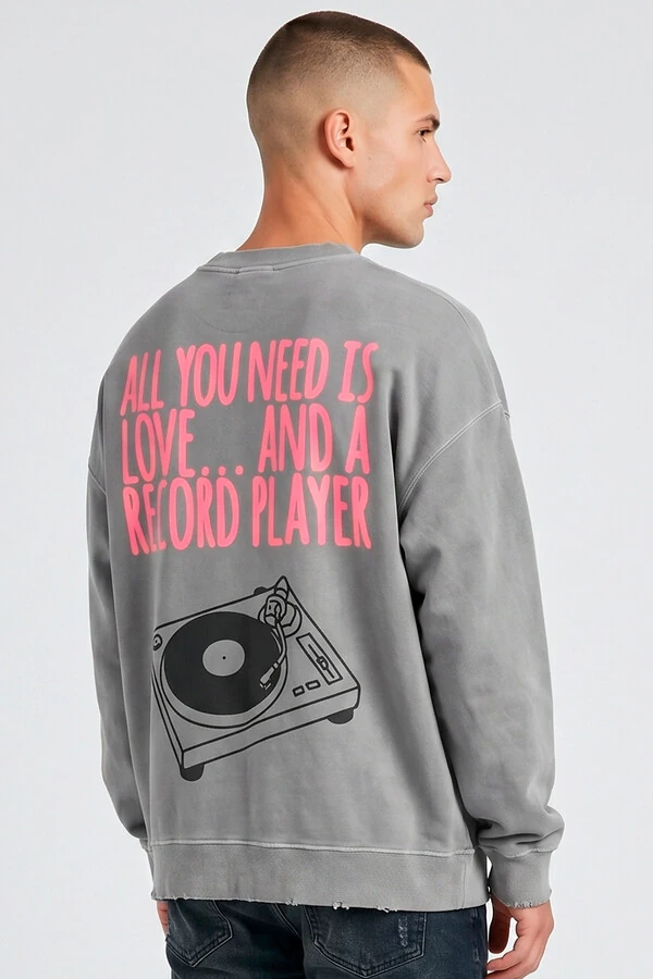 Blusa oversized de moletom estonado cinza Record Player