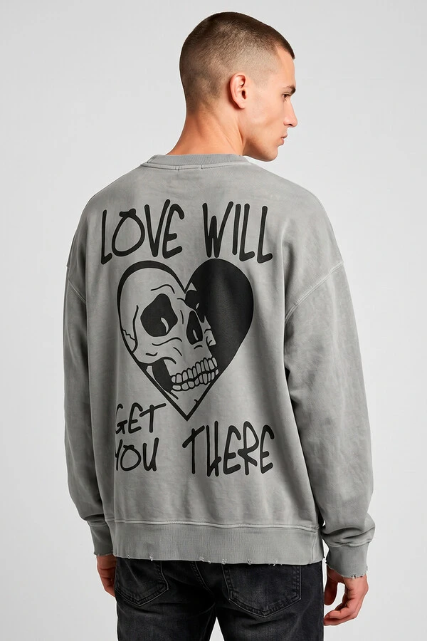 Blusa oversized de moletom estonado cinza Love Will