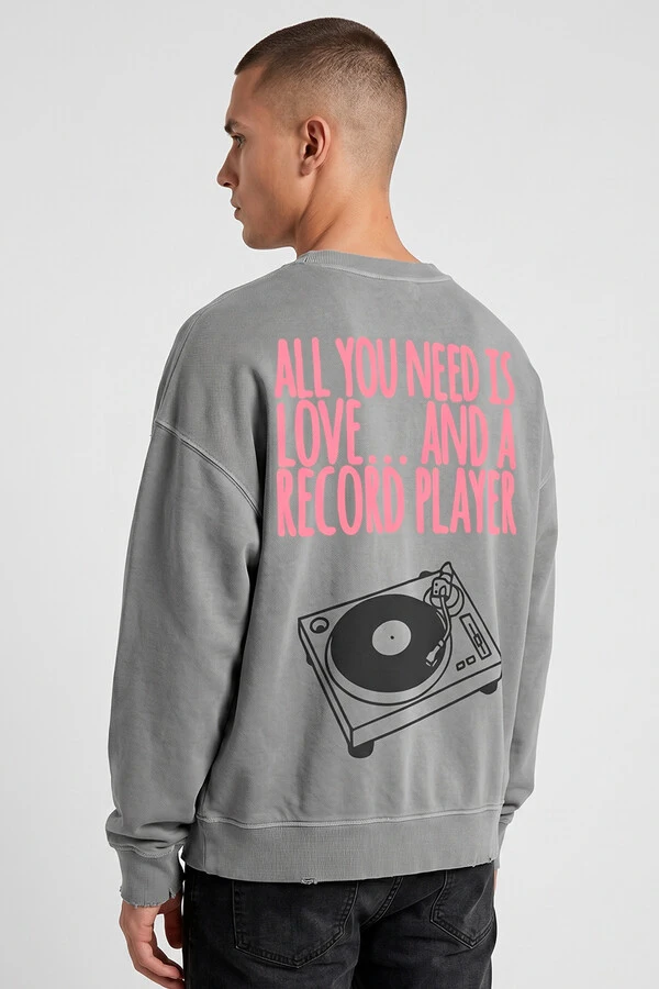 Blusa oversized de moletom estonado cinza Record Player