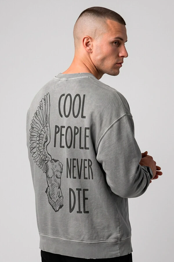 Blusa oversized de moletom estonado cinza Never Die