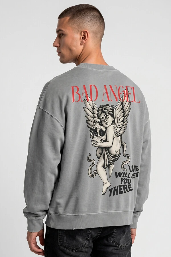 Blusa oversized de moletom estonado cinza Bad Angel
