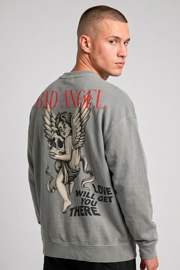 Blusa oversized de moletom estonado cinza Bad Angel