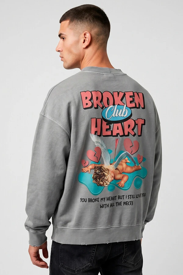 Blusa oversized de moletom estonado cinza Broken Heart
