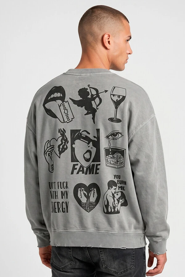 Blusa oversized de moletom estonado cinza Fame