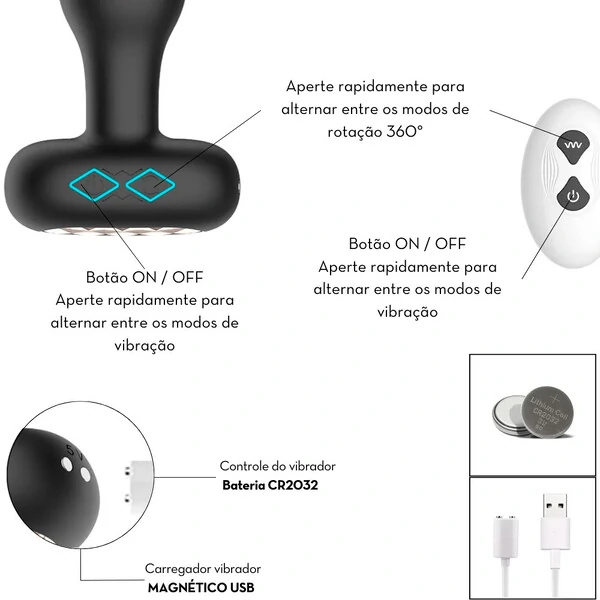 Plug Anal Rotativo 360° em Silicone com Vibração e Controle