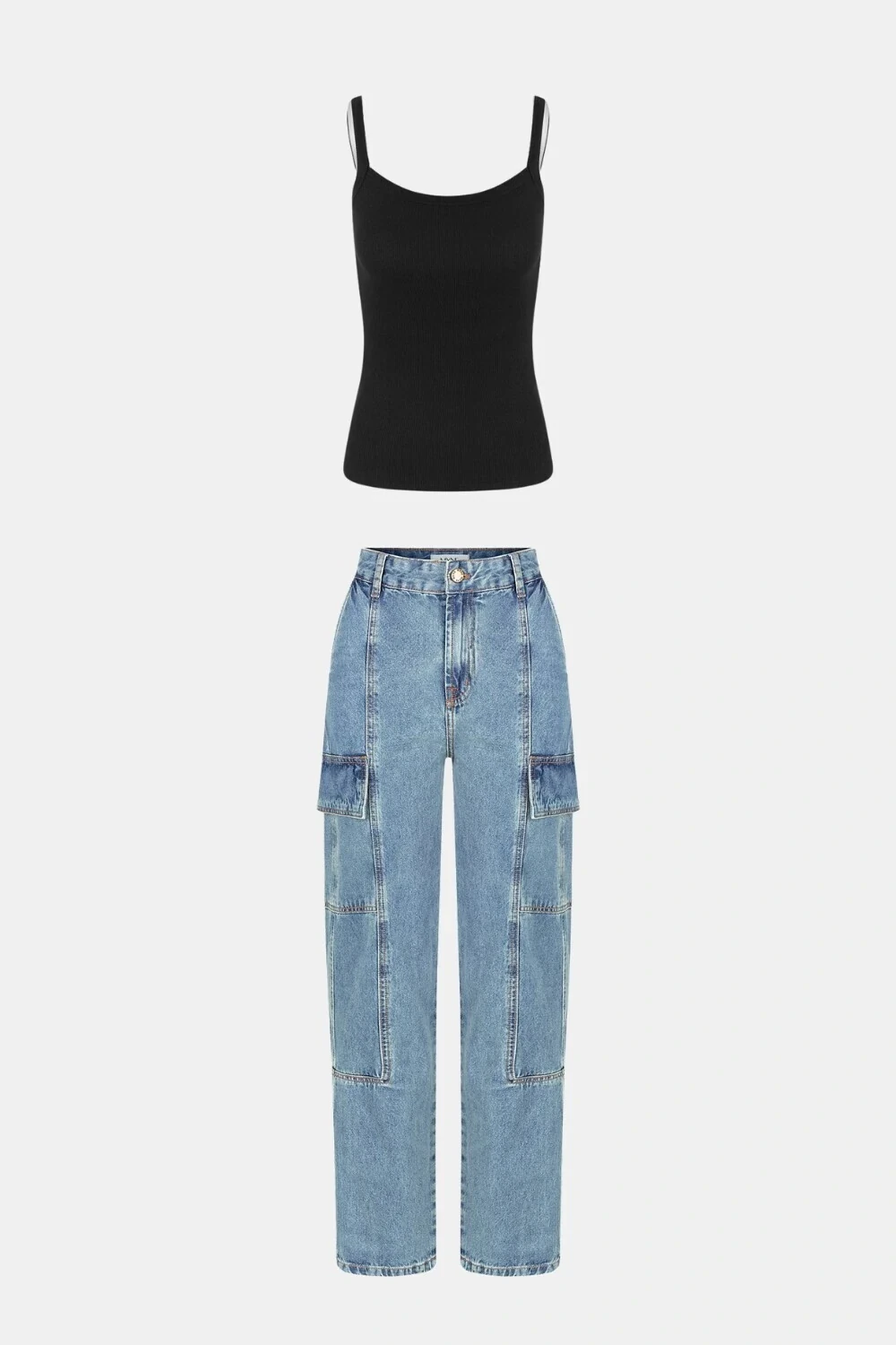 Regata Ribana Bicolor Sobreposição Alças e Calça Jeans Cargo Média
