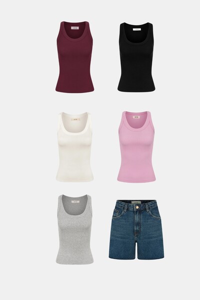 Regata Ribana Essential e Bermuda Jeans Curta Cintura Média