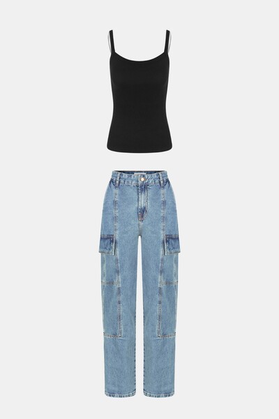 Regata Ribana Bicolor Sobreposição Alças e Calça Jeans Cargo Média