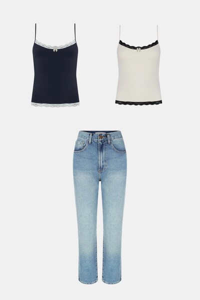 Regata Lisa Renda Essential e Calça Jeans New Dad