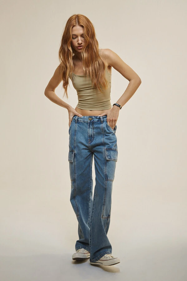Calça Jeans Cargo Média