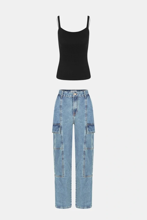 Regata Ribana Bicolor Sobreposição Alças e Calça Jeans Cargo Média