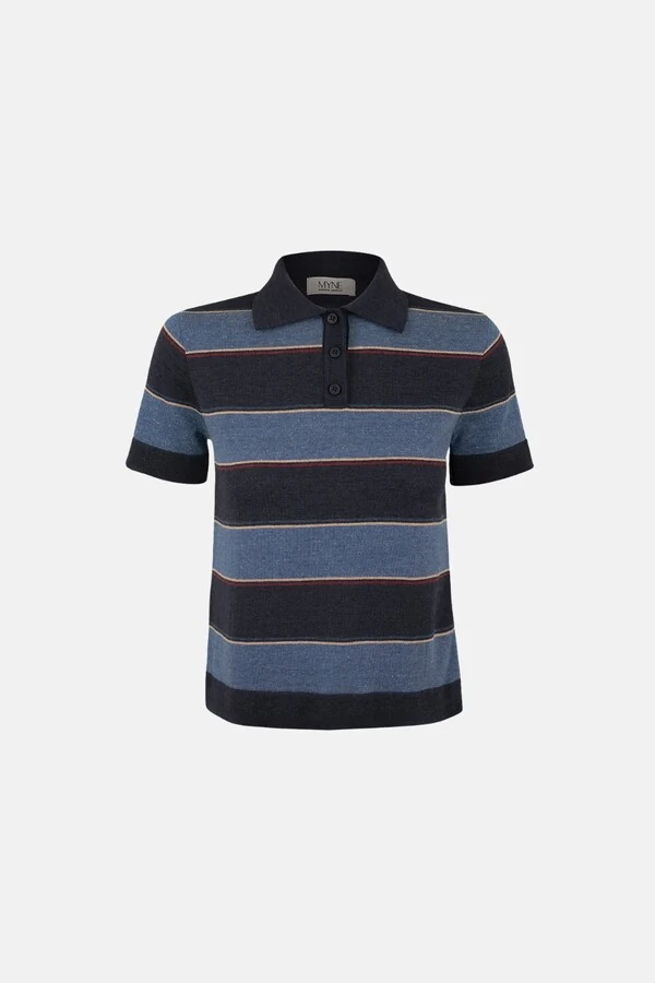 Blusa Polo Tricot Listrada Azul