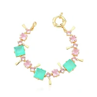 Pulseira turmalina fusion e quartzo rosa banhada a ouro