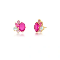 Brinco oval pink com cristais coloridos banhado a ouro