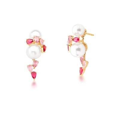 Foto BR pêndulo com 2 perolas shell e cristais rubi e quartzo rosa banhado a ouro