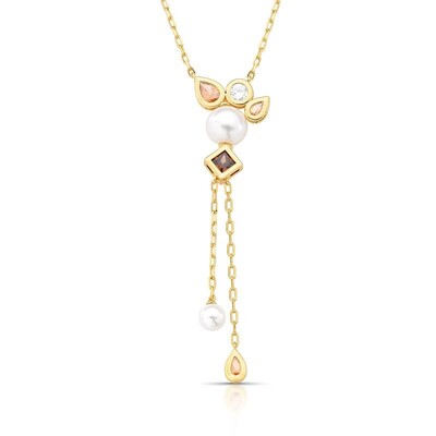 Foto Colar Gravata Com Cristais e Perola Shell Banhado a Ouro 18k