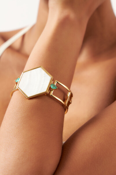 FotoBracelete geométrico madrepérola e turmalina fusion banhado a ouro