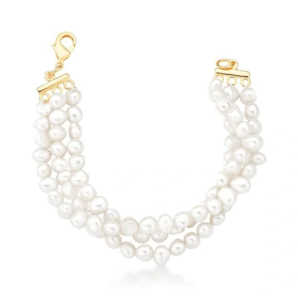 Pulseira 3 fios água doce banhado a ouro