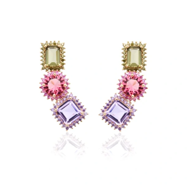Brinco ear cuff quadrado redondo e retangulo cristais banhado a ouro
