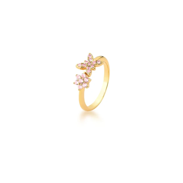 Anel Borboleta e Flor Cravação Zircônias Rosas Banho em Ouro 18K