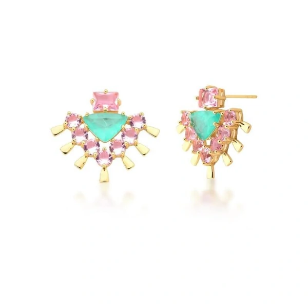 Brinco Leque turmalina e cristal rosa banhado a ouro