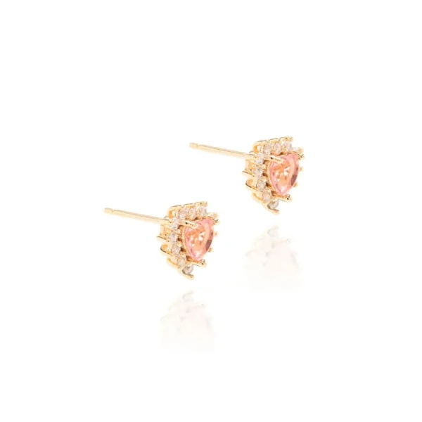 Brinco Coração Cristal Quartzo Rosa Banho Rosa