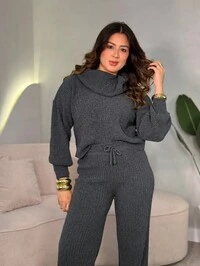 Conjunto Blusa Gola Boba E Calça Em Tricot Liara