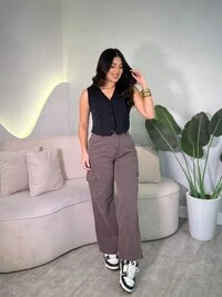 Calça Jeans Wide Leg Cargo Pink Lu