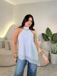 Blusinha Assimétrica Com Amarração No Pescoço Com Renda Bia
