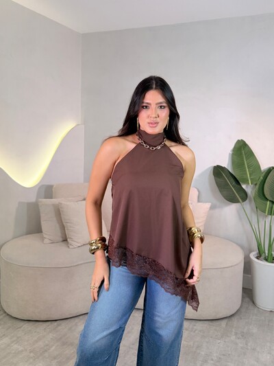 Foto Blusinha Assimétrica Com Amarração No Pescoço Com Renda Bia