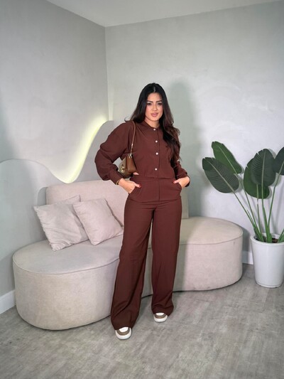 Foto Conjunto Camisa Cropped + Calça Pantalona Celine