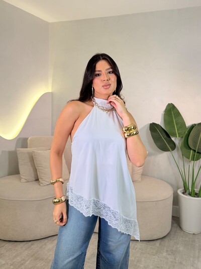 Foto Blusinha Assimétrica Com Amarração No Pescoço Com Renda Bia