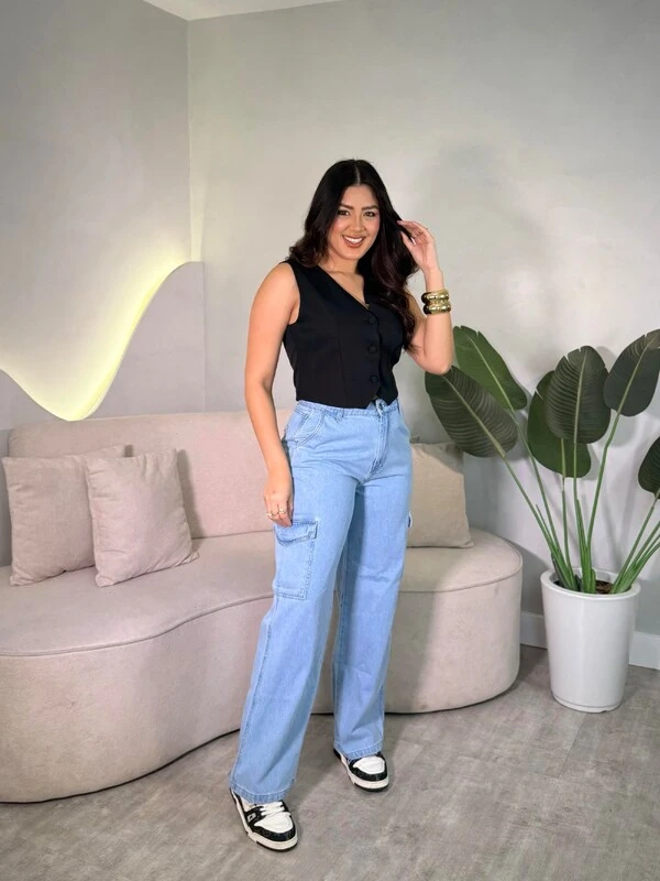 Calça Jeans Wide Leg Cargo Pink Lu