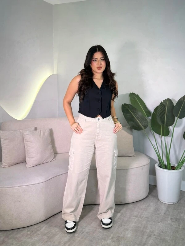 Calça Jeans Wide Leg Cargo Pink Lu
