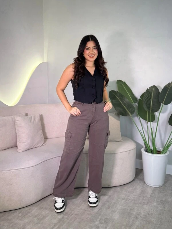 Calça Jeans Wide Leg Cargo Pink Lu