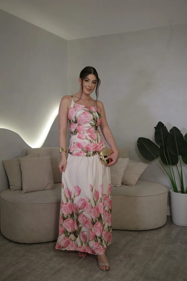 Vestido Midi Costas Abertas Scarlet Florido