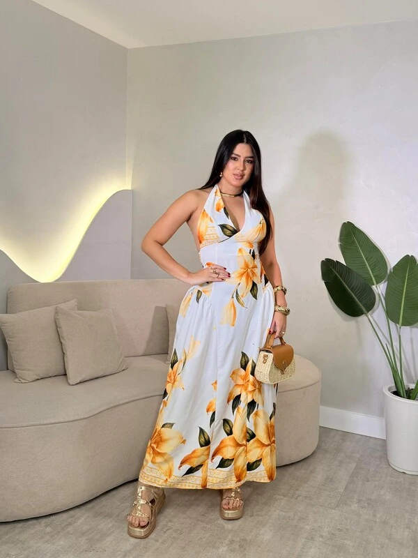 Vestido Midi Com Amarração Pescoço Katarine