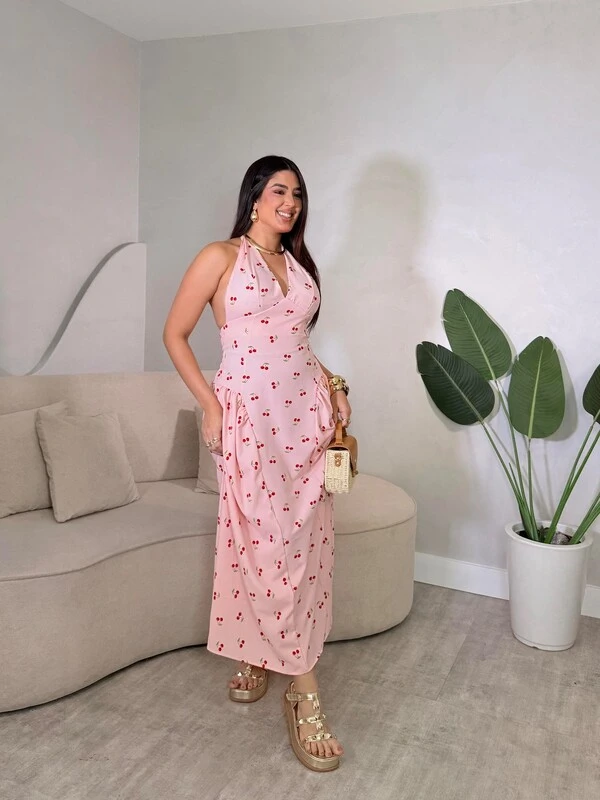Vestido Midi Com Amarração Pescoço Ivana