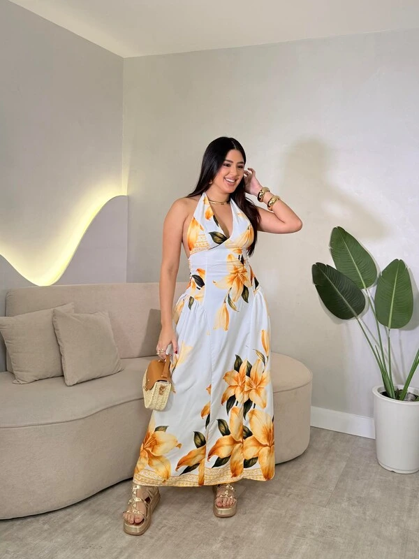 Vestido Midi Com Amarração Pescoço Katarine