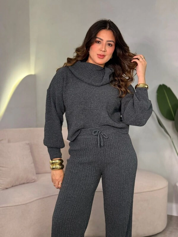 Conjunto Blusa Gola Boba E Calça Em Tricot Liara