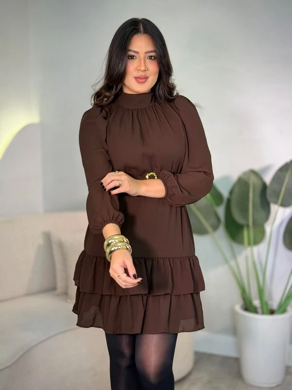 Vestido Curto Manga Longa Com Amarração No Pescoço Suzani