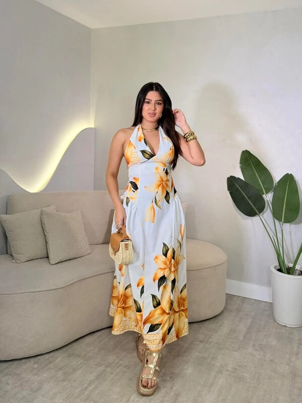 Vestido Midi Com Amarração Pescoço Katarine