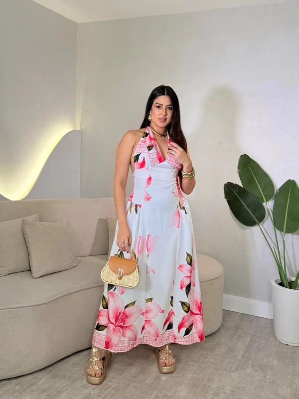 Vestido Midi Com Amarração Pescoço Katarine