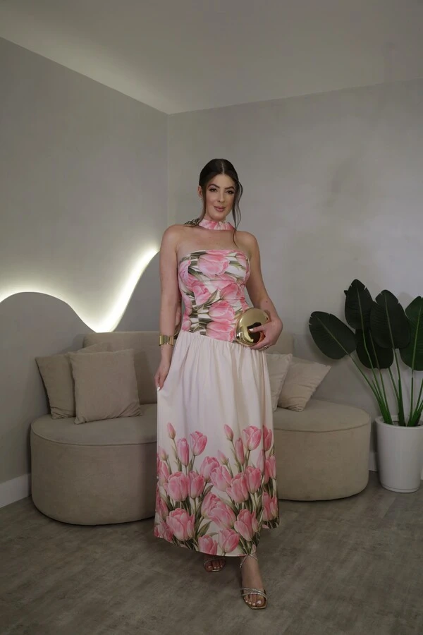 Vestido Tomara Que Caia Com Gola Lenço Floral Lia